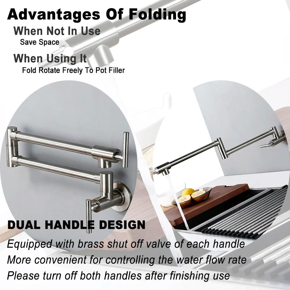 Brushed Nickel Kitchen Faucet Brass Wall Mounted Pot Filler Swivel