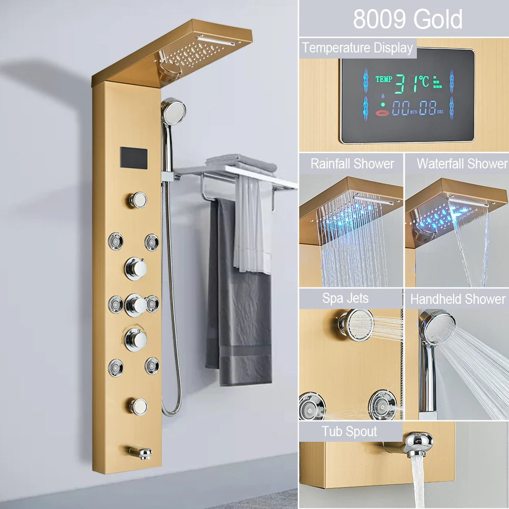 LED Light Shower Panel Waterfall Rain Digital Display Shower Faucet Set