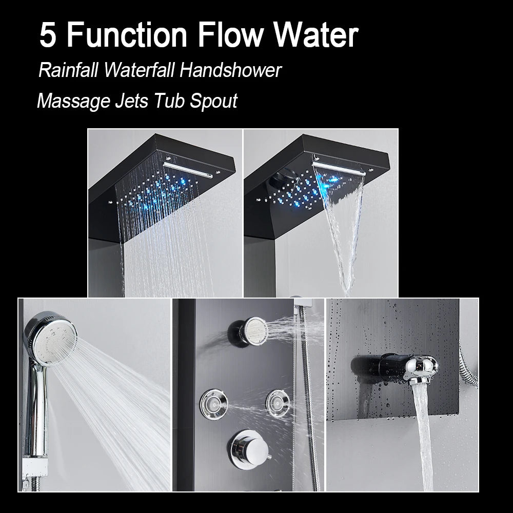 LED Light Shower Panel Waterfall Rain Digital Display Shower Faucet Set