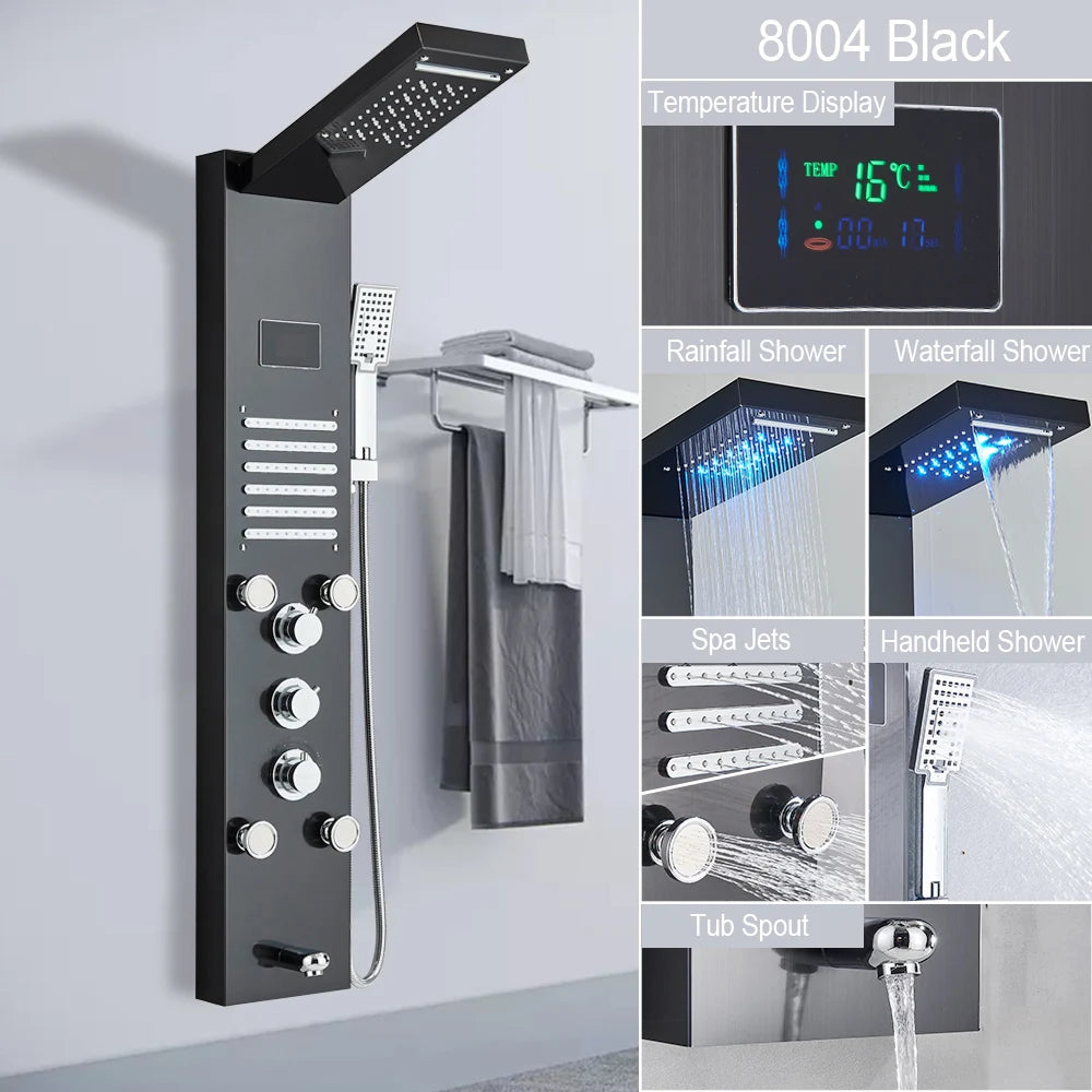 LED Light Shower Panel Waterfall Rain Digital Display Shower Faucet Set