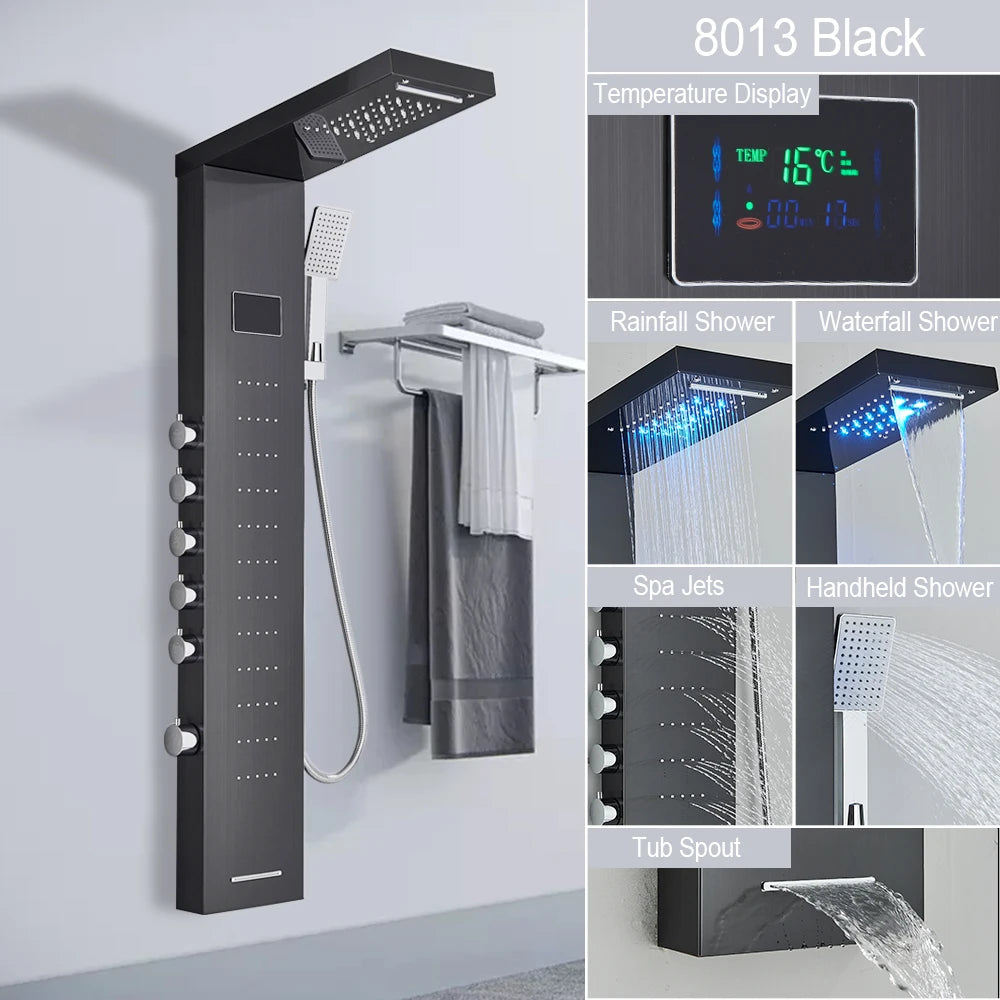 LED Light Shower Panel Waterfall Rain Digital Display Shower Faucet Set