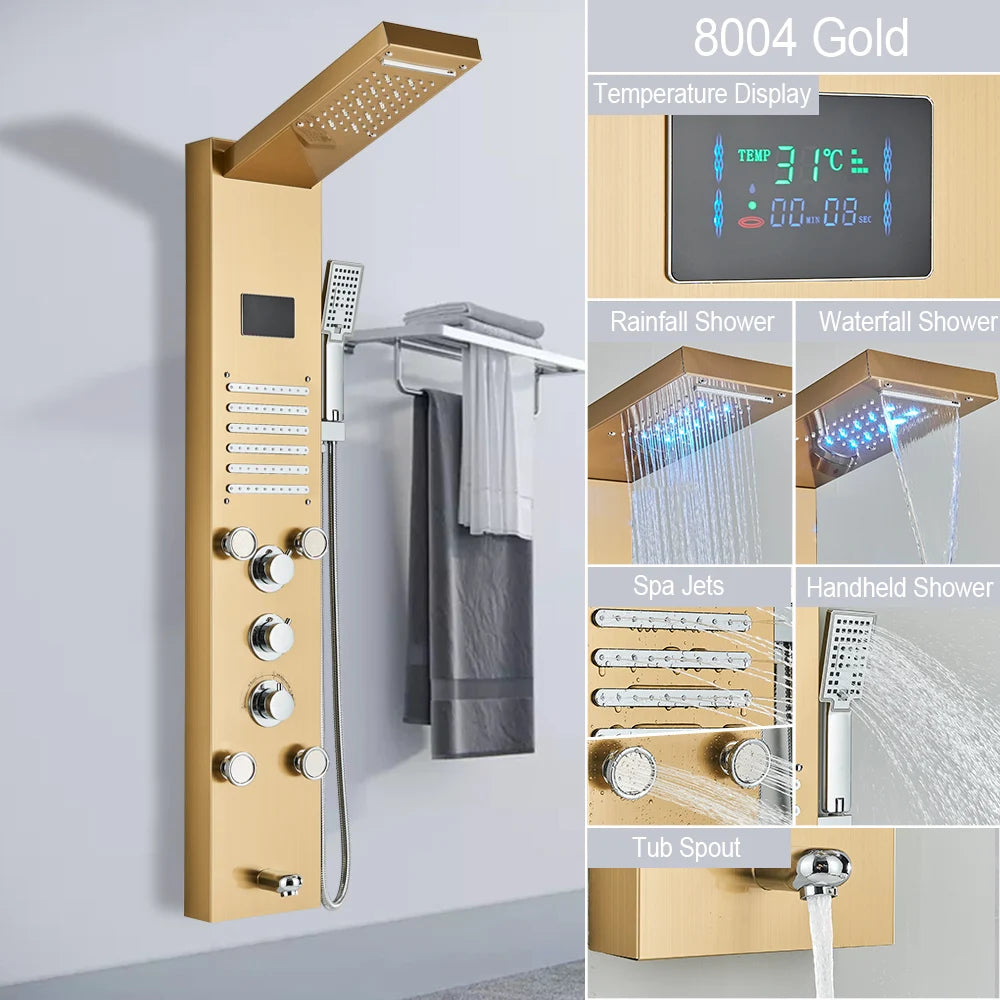 LED Light Shower Panel Waterfall Rain Digital Display Shower Faucet Set