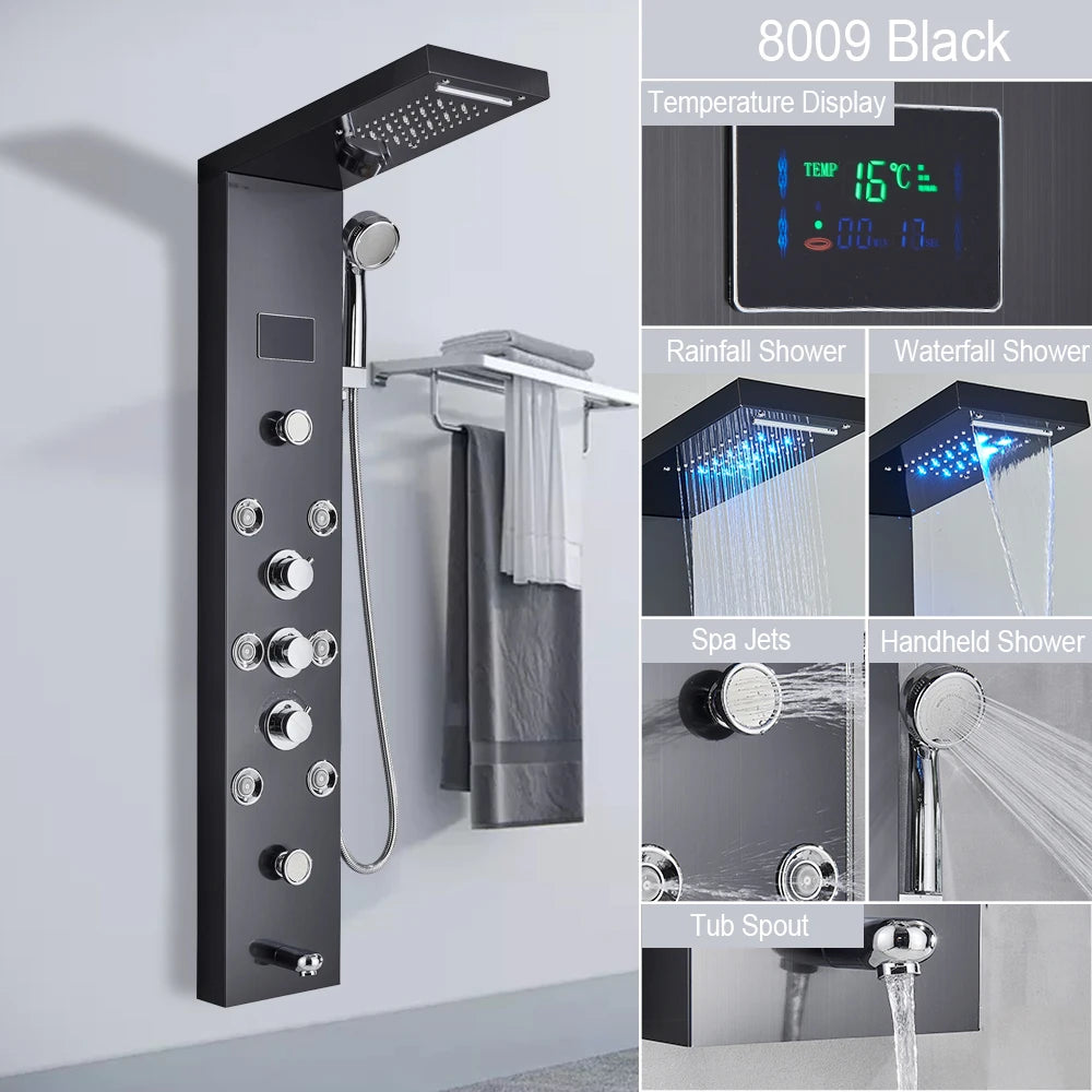 LED Light Shower Panel Waterfall Rain Digital Display Shower Faucet Set
