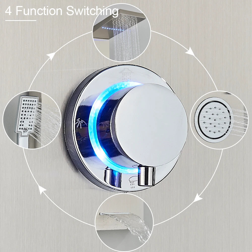 LED Light Shower Panel Waterfall Rain Digital Display Shower Faucet Set