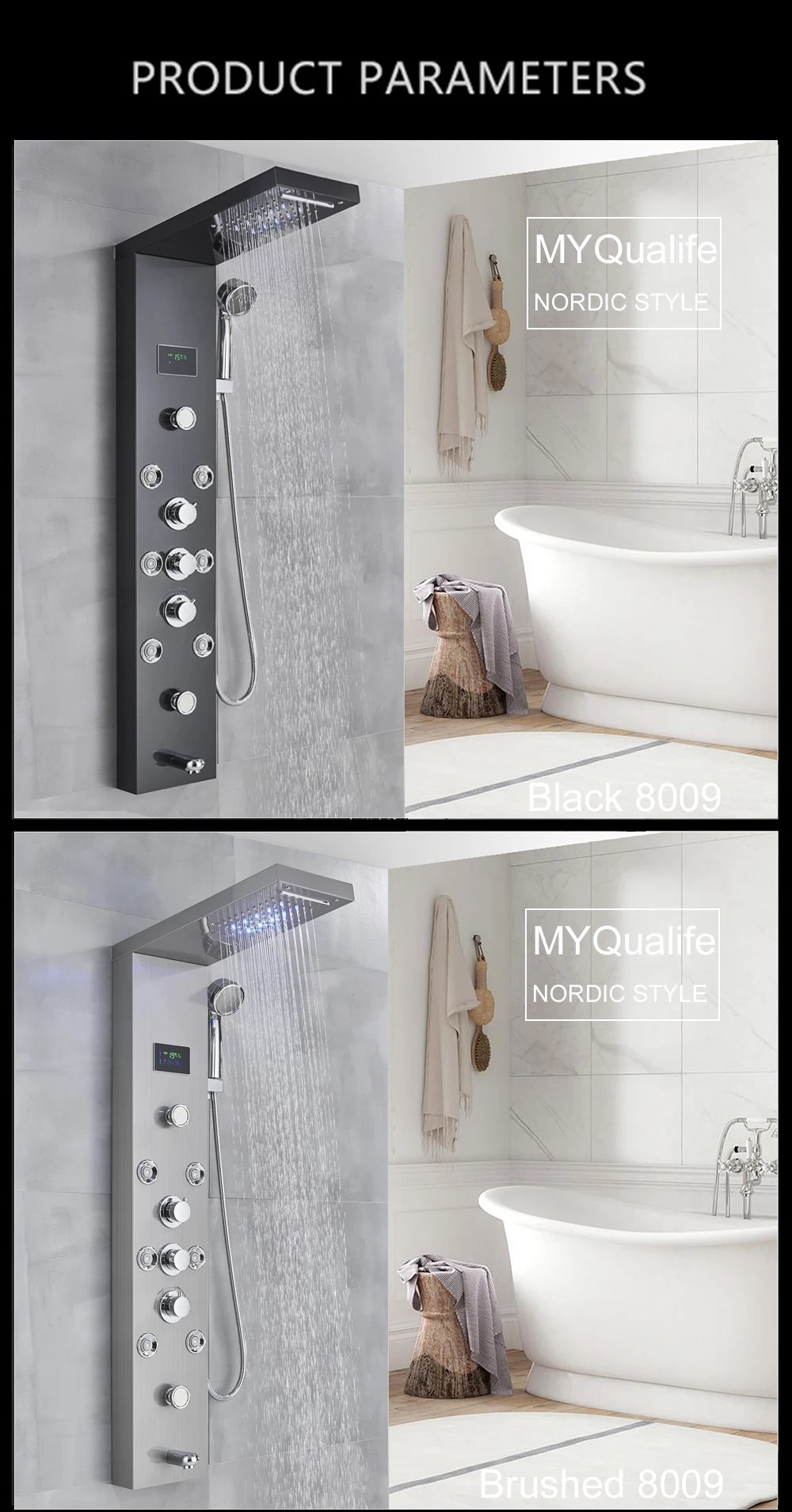 LED Light Shower Panel Waterfall Rain Digital Display Shower Faucet Set
