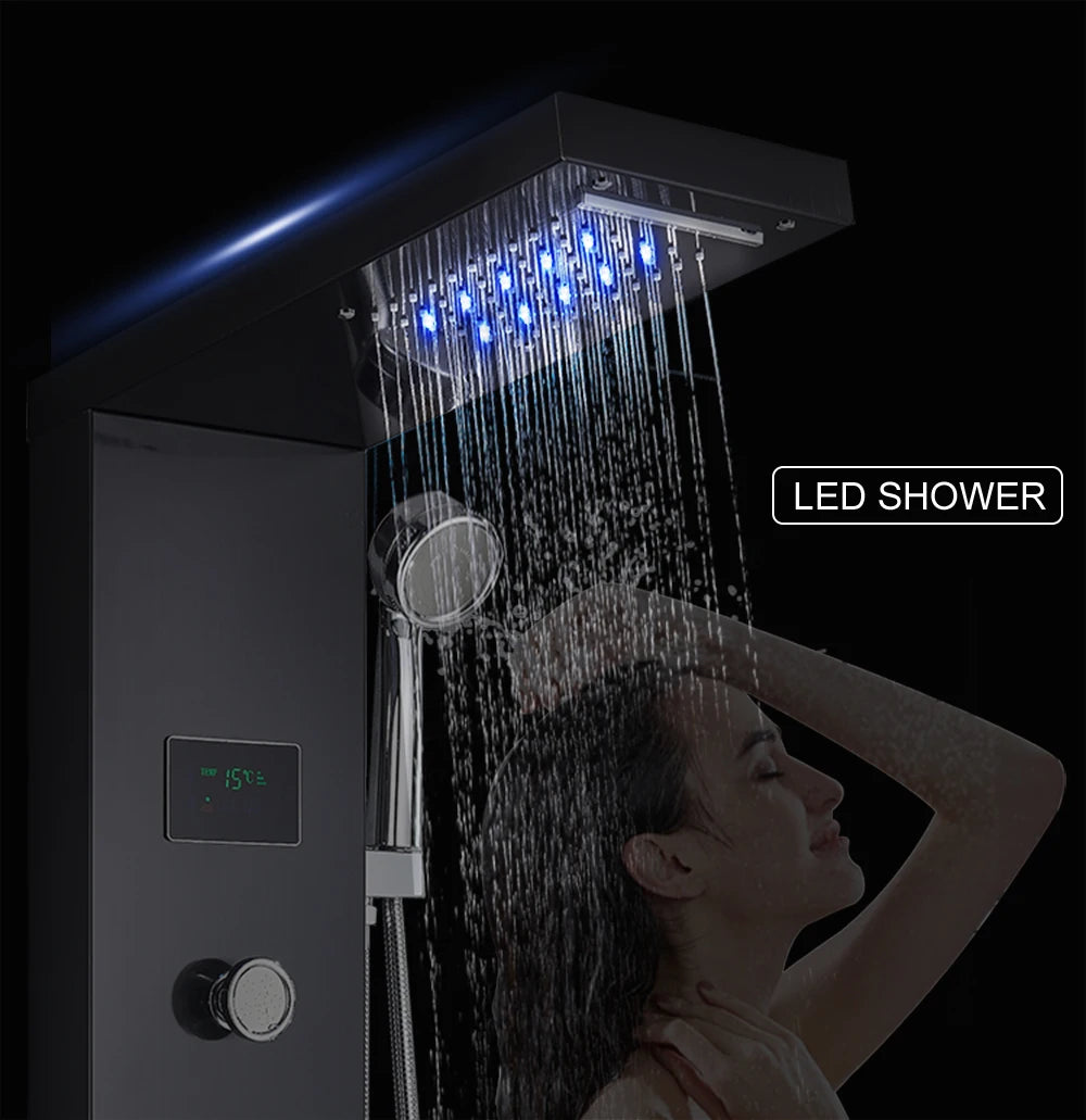 LED Light Shower Panel Waterfall Rain Digital Display Shower Faucet Set
