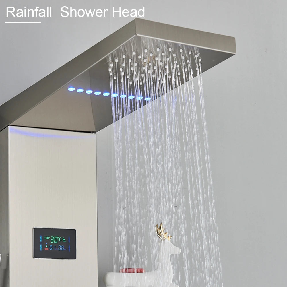 LED Light Shower Panel Waterfall Rain Digital Display Shower Faucet Set