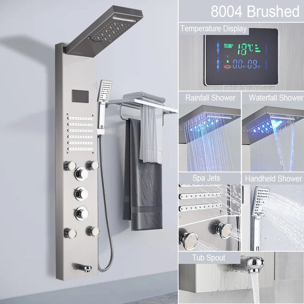 LED Light Shower Panel Waterfall Rain Digital Display Shower Faucet Set