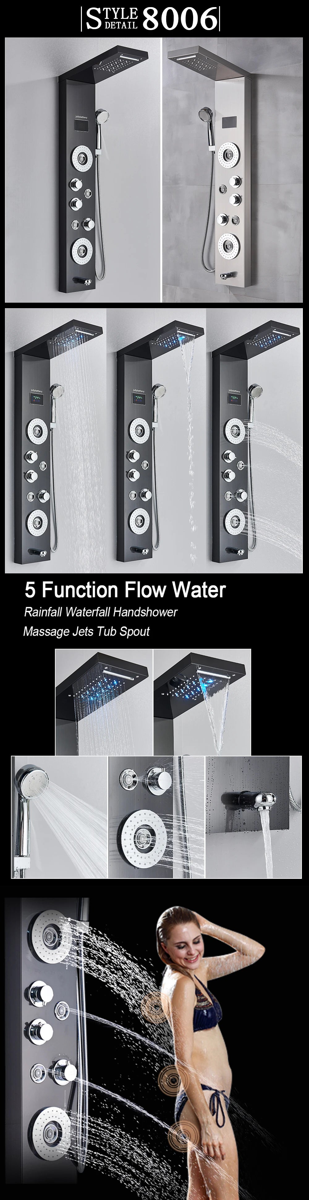 LED Light Shower Panel Waterfall Rain Digital Display Shower Faucet Set