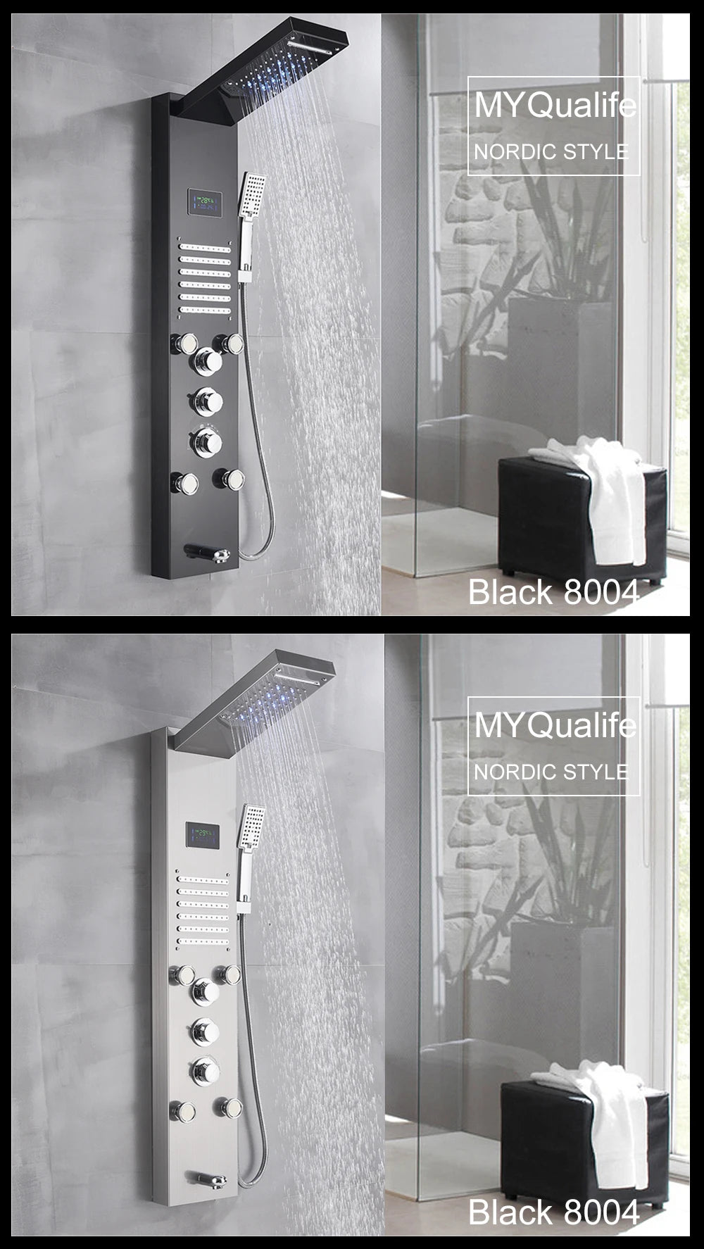 LED Light Shower Panel Waterfall Rain Digital Display Shower Faucet Set