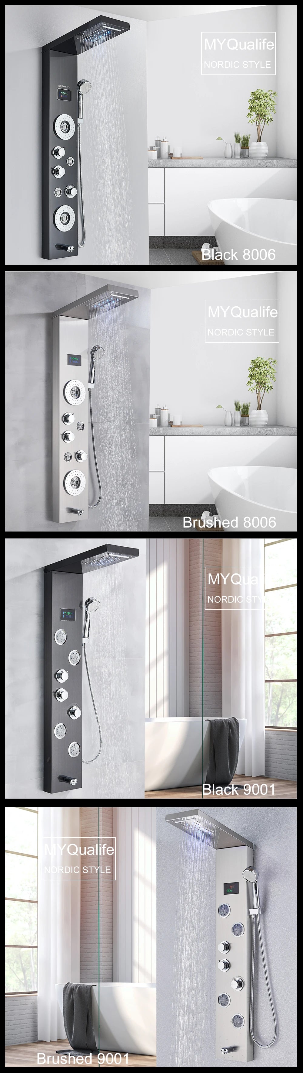 LED Light Shower Panel Waterfall Rain Digital Display Shower Faucet Set