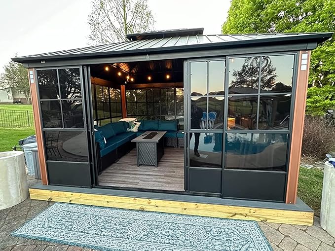 PURPLE LEAF Sunroom 12' x 14' Solarium Double Roof Gazebo with Sliding Doors