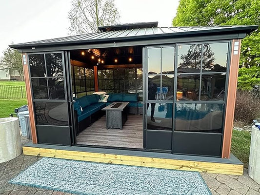 PURPLE LEAF Sunroom 12' x 14' Solarium Double Roof Gazebo with Sliding Doors