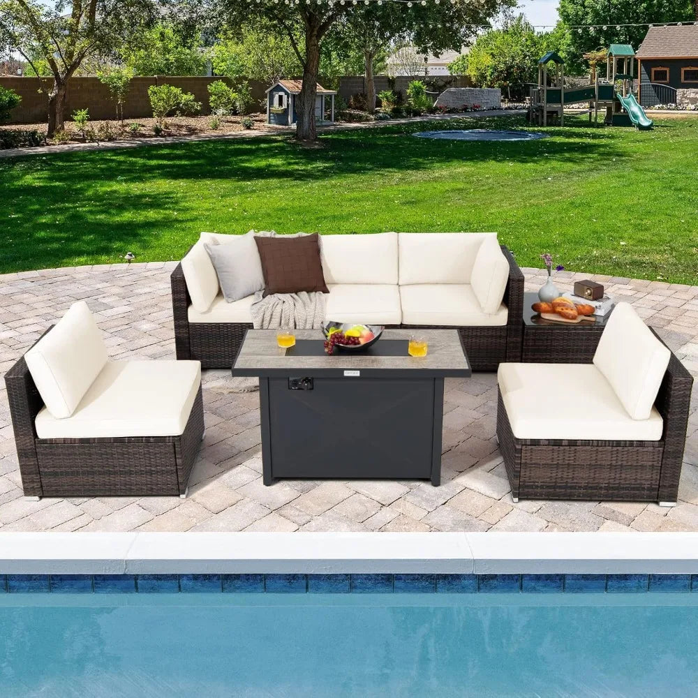 7 Piece Patio Furniture Set with Fire Pit Table, Includes  Fire Pit and Protective Cover,