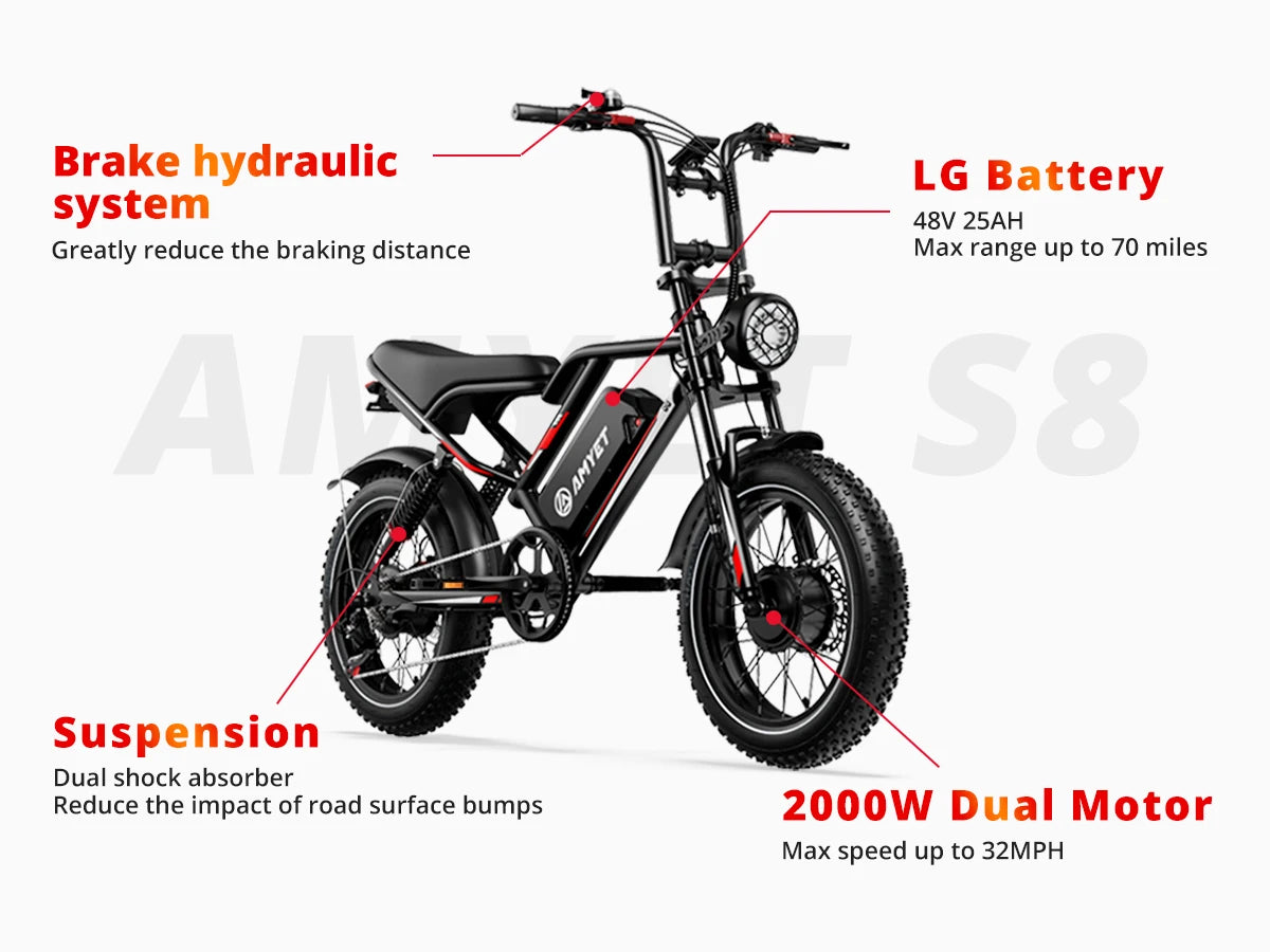 S8 Adults Electric Bike For Men  Motor 2000W Dual Bicycle 48V Battery 20"Bikes