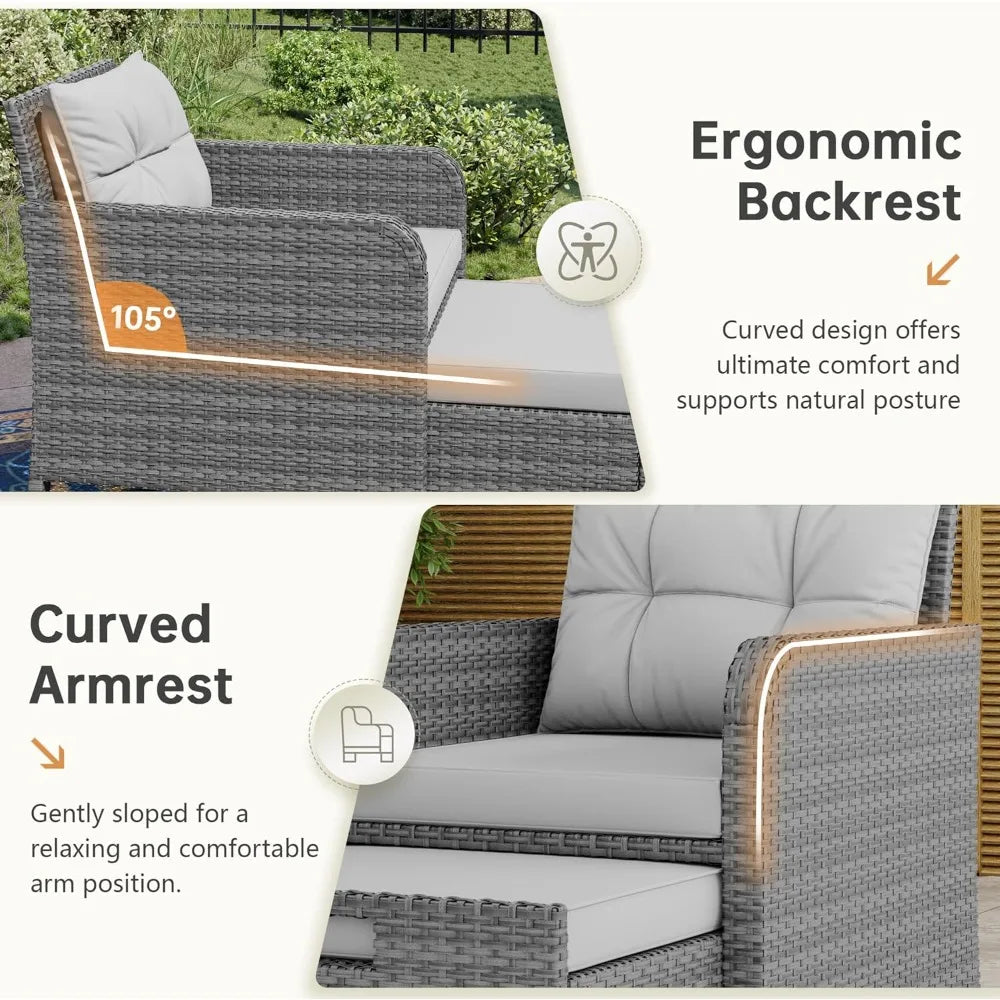 Balcony Furniture 5 Piece Patio Conversation Set,  PE Wicker Rattan Outdoor Lounge Chairs with Soft Cushions 2 Ottoman&Glass Tabl