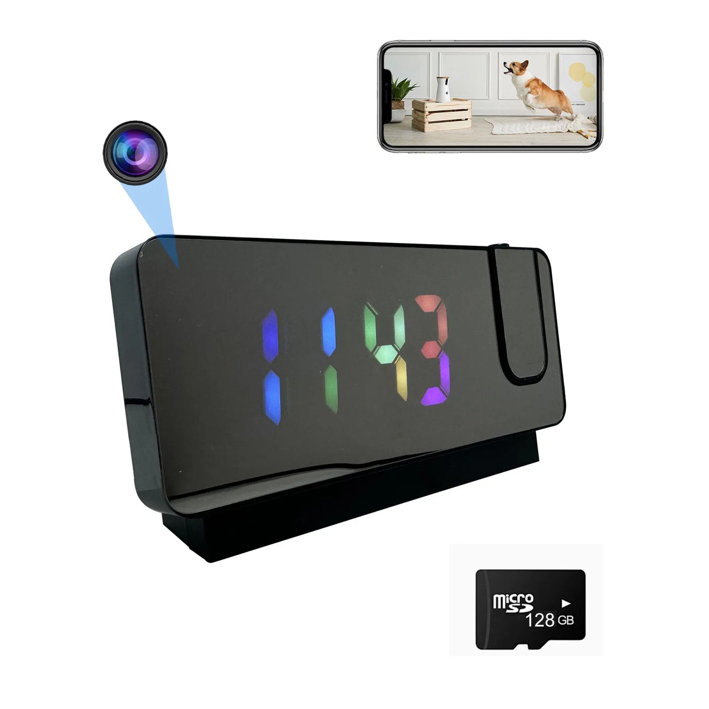 Projection Alarm Clock Camera with Wi-Fi, Motion Detection, Remote Viewing, Recording, Nanny Cam for Indoor Security
