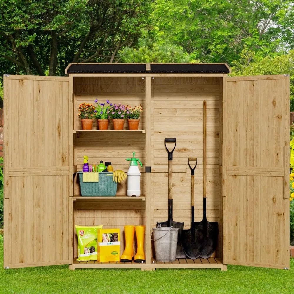 Outdoor Wooden Storage Cabinet w/Waterproof Roof, Double Lockable Doors