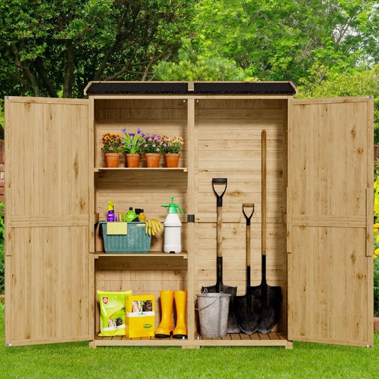 Outdoor Wooden Storage Cabinet w/Waterproof Roof, Double Lockable Doors