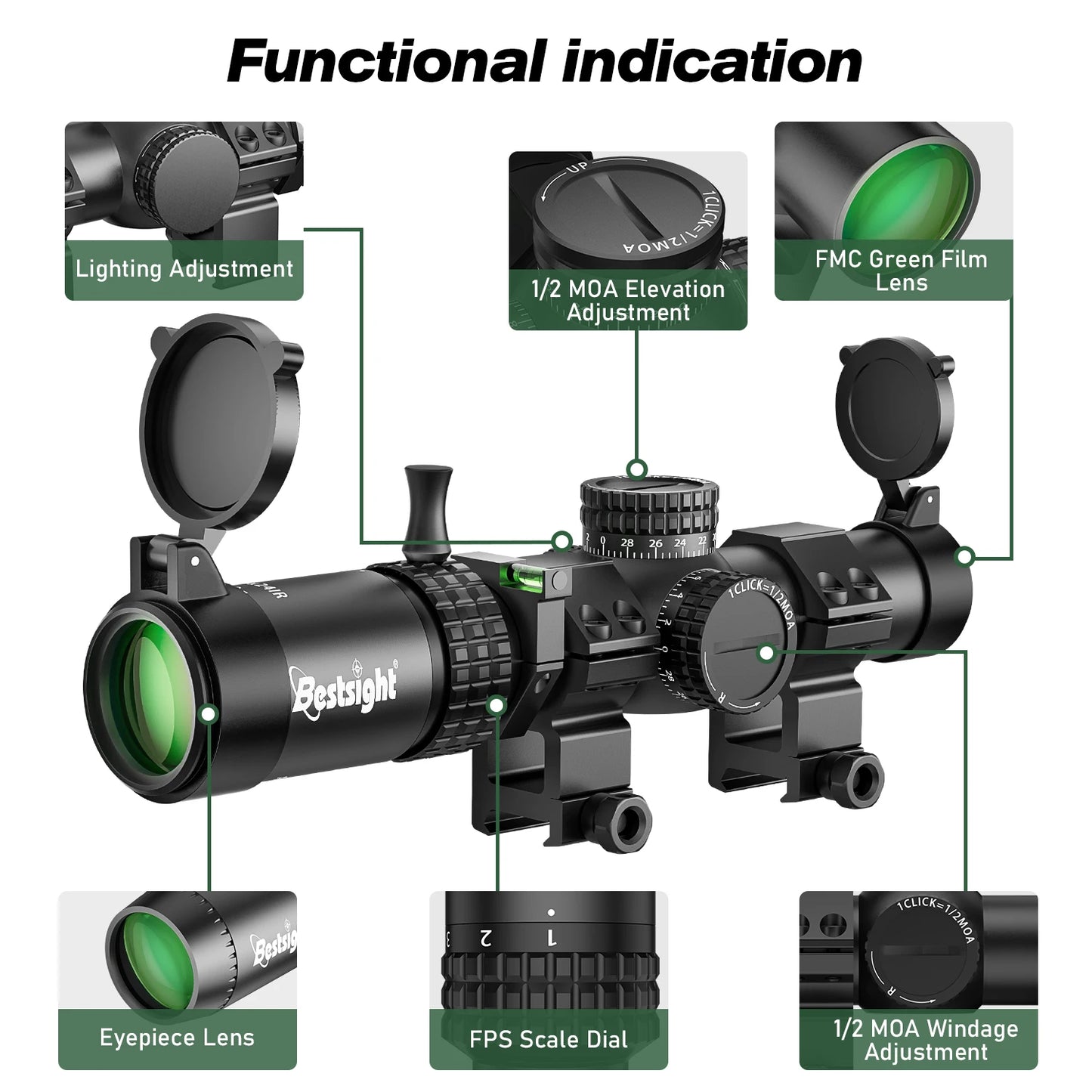 1-5X24 Tactical Optical Rifle Scope Red and Green Illuminated Reticle