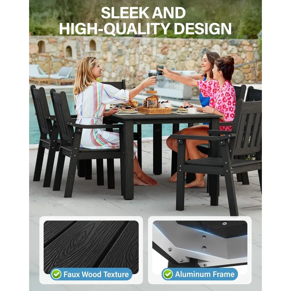 HIPS Patio Set Table : 7 Piece Outdoor Table and Chairs Dining Furniture Set with Umbrella Hole - Black Modern Plastic Dining Se