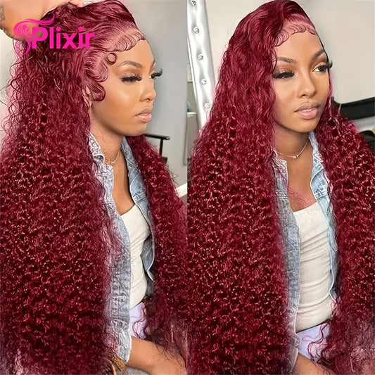 Burgundy 13x6 HD Lace Frontal Human Hair Wig Deep Water Wave Curly Lace Front Wig