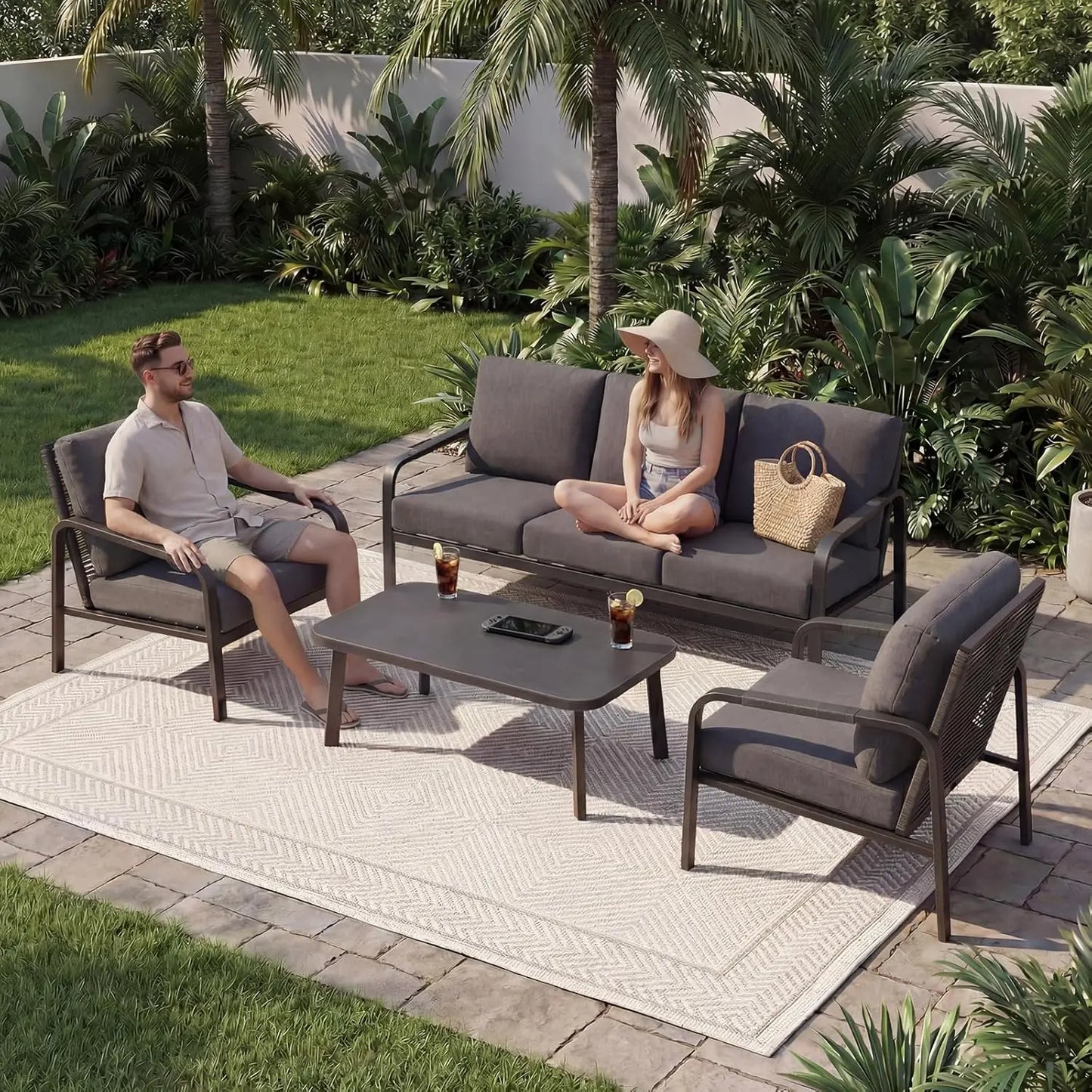 4pc Aluminum Outdoor Sofa Set w/ Coffee Tab 3Seat Rattan Backrest