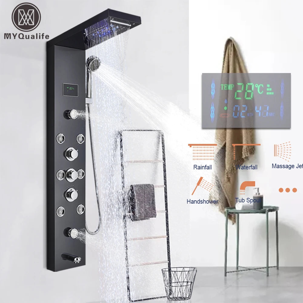 LED Light Shower Panel Waterfall Rain Digital Display Shower Faucet Set
