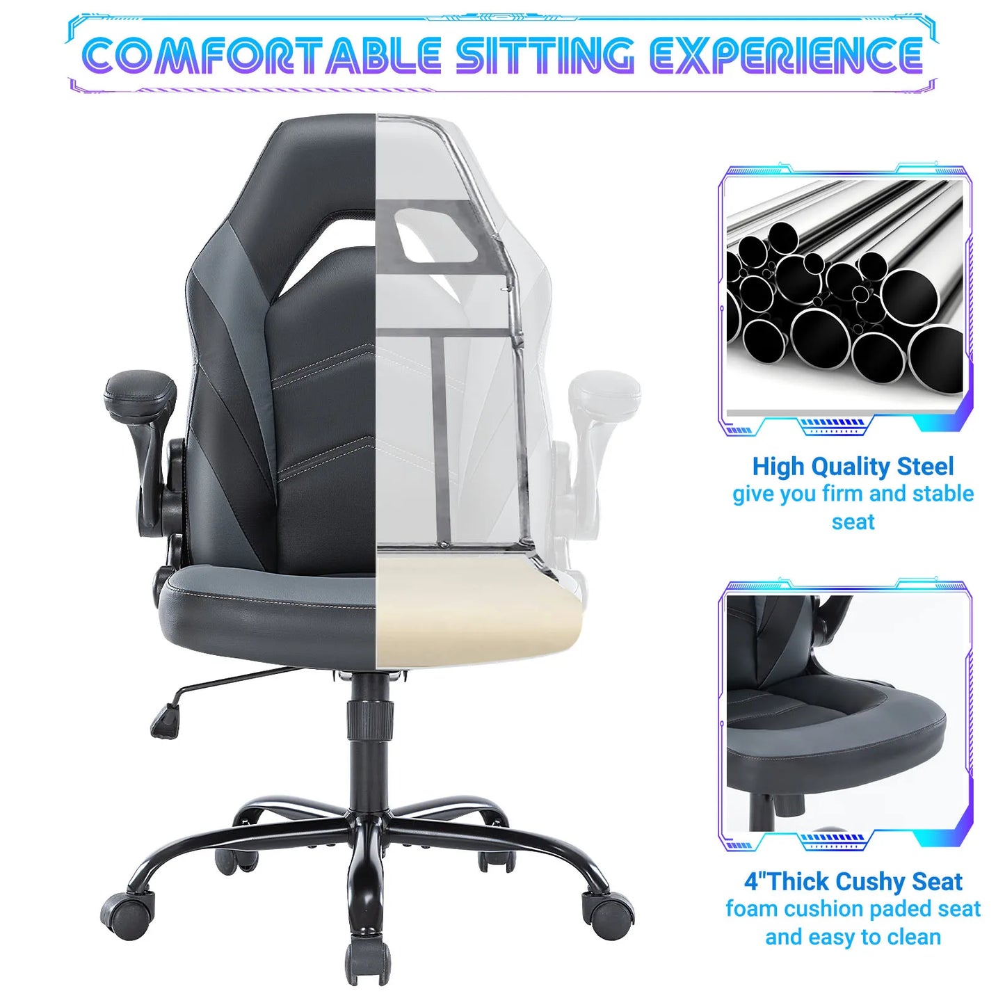 Gaming Desk Chair Adjustable PU Leather Racing Chair Flip-up Armrest