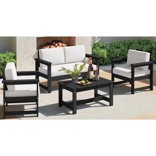 4 Pieces HDPE Outdoor Sofa Set with Cushions, All Weather Use Loveseat Furniture