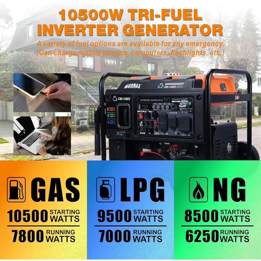 10500W Peak Wattage Tri-Fuel Open Frame Inverter Generator, Quiet Operation,