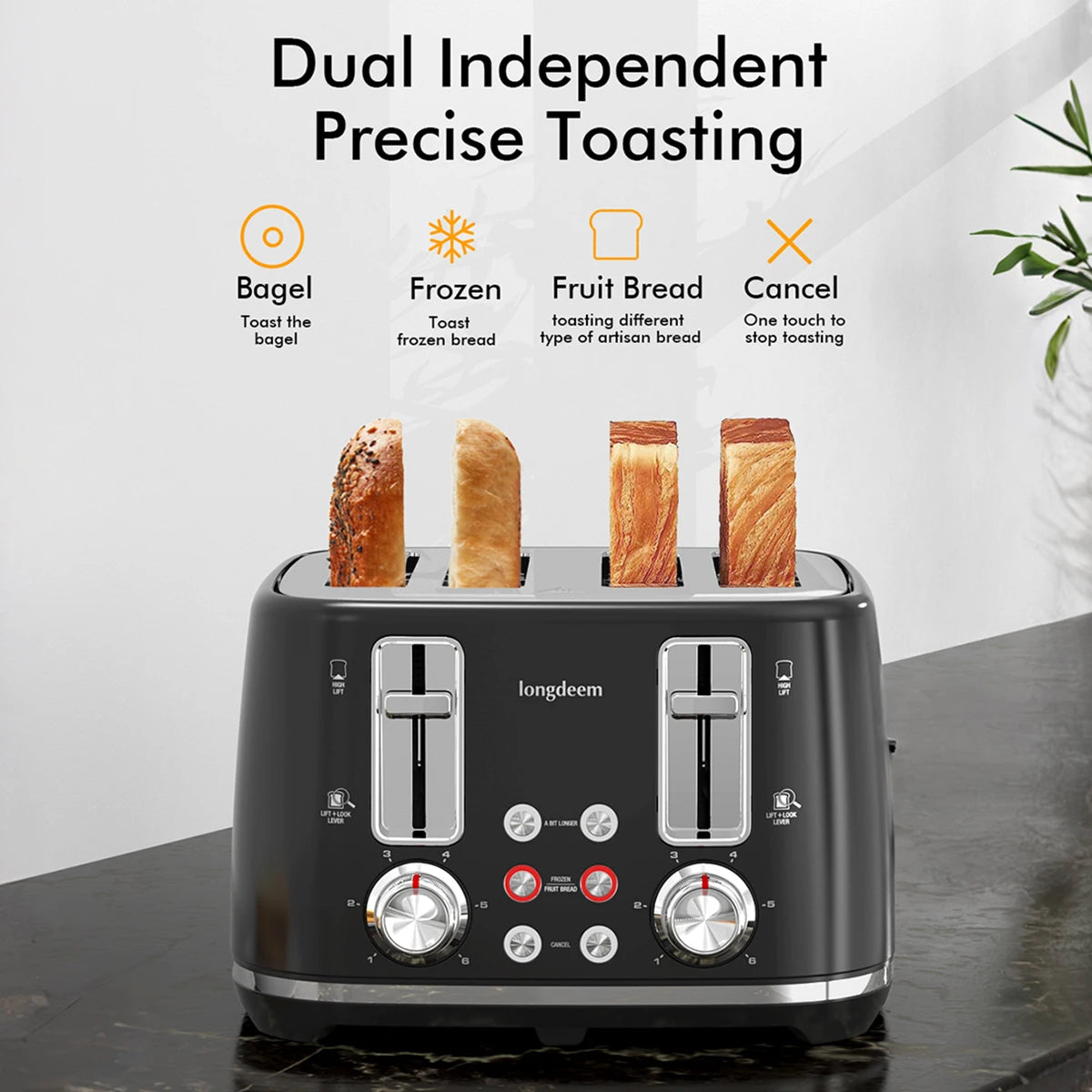 4 Slice Toaster, 1.5" Extra Wide Stainless Steel Slots,