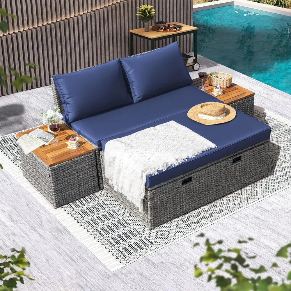 Patio Day Bed Outdoor Daybed Set Multifunctional Rattan Lounge Bed with 2 Side Tables