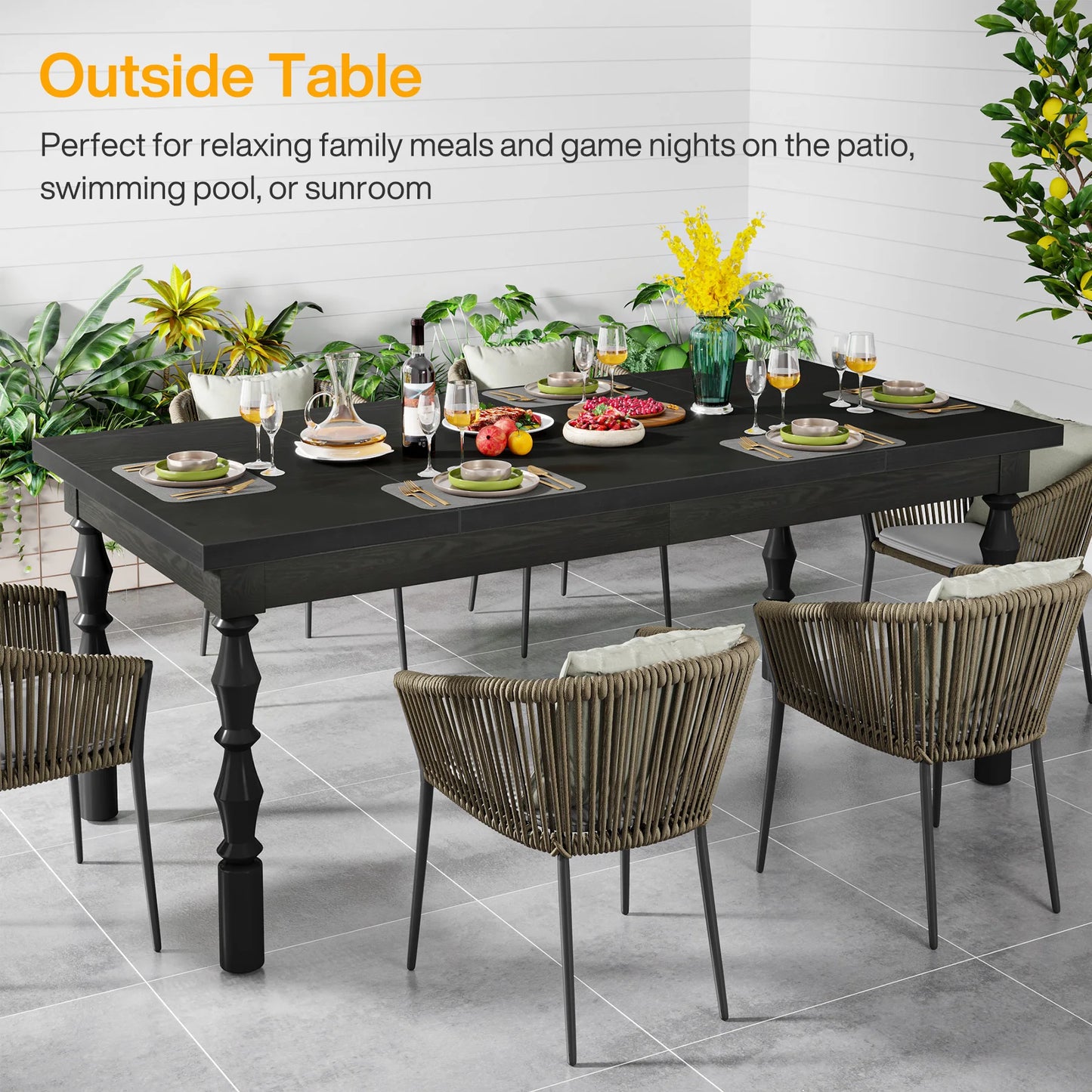 62” Wood Patio Table for 4-6 People, Farmhouse Large Indoor