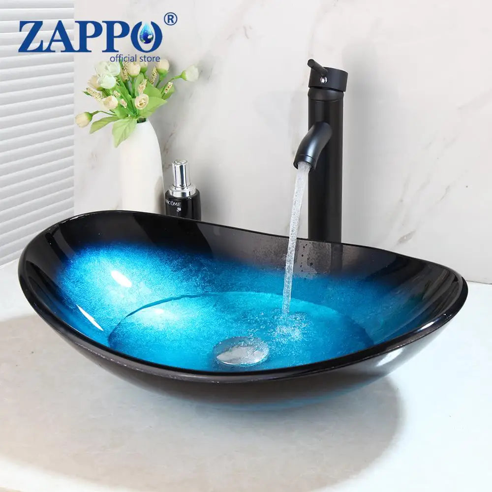 Tempered Glass Bathroom Vessel Sink with Waterfall Black Faucet