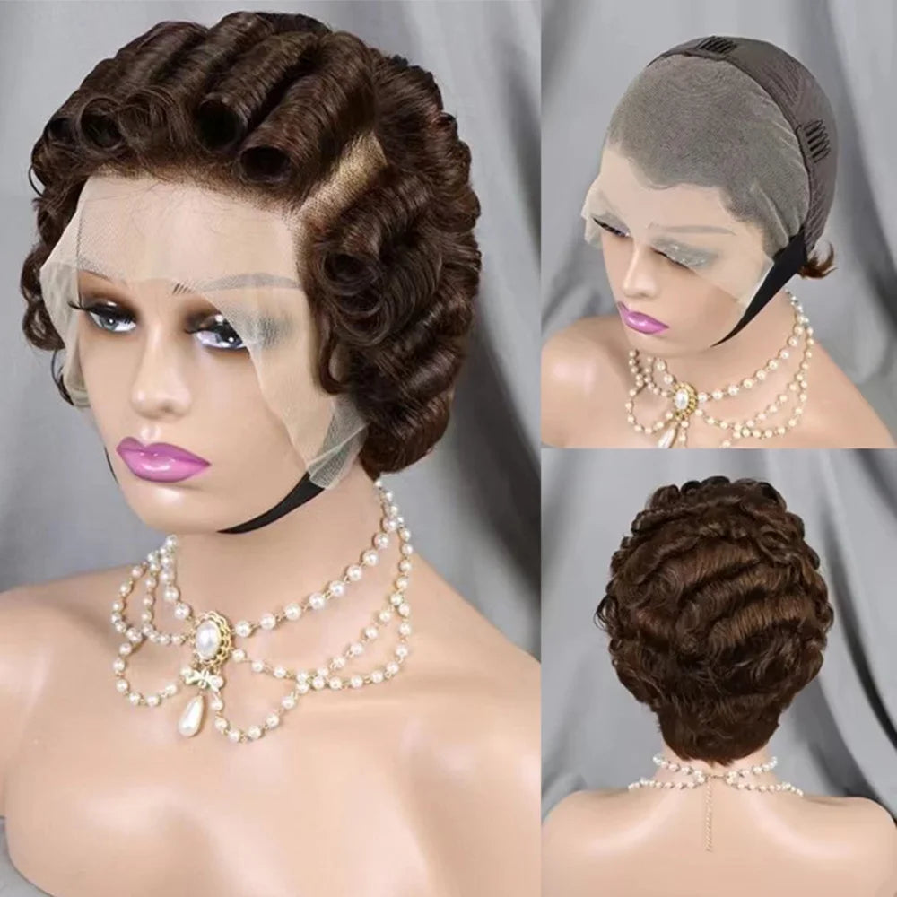 613 Blonde Pixie Cut Short Bob Loose Wave 100% Human Hair Wig Chocolate Brown