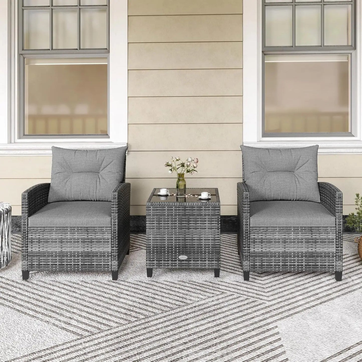 3 Piece Patio Furniture Set, Outdoor PE Rattan Conversation Set with Cushions &