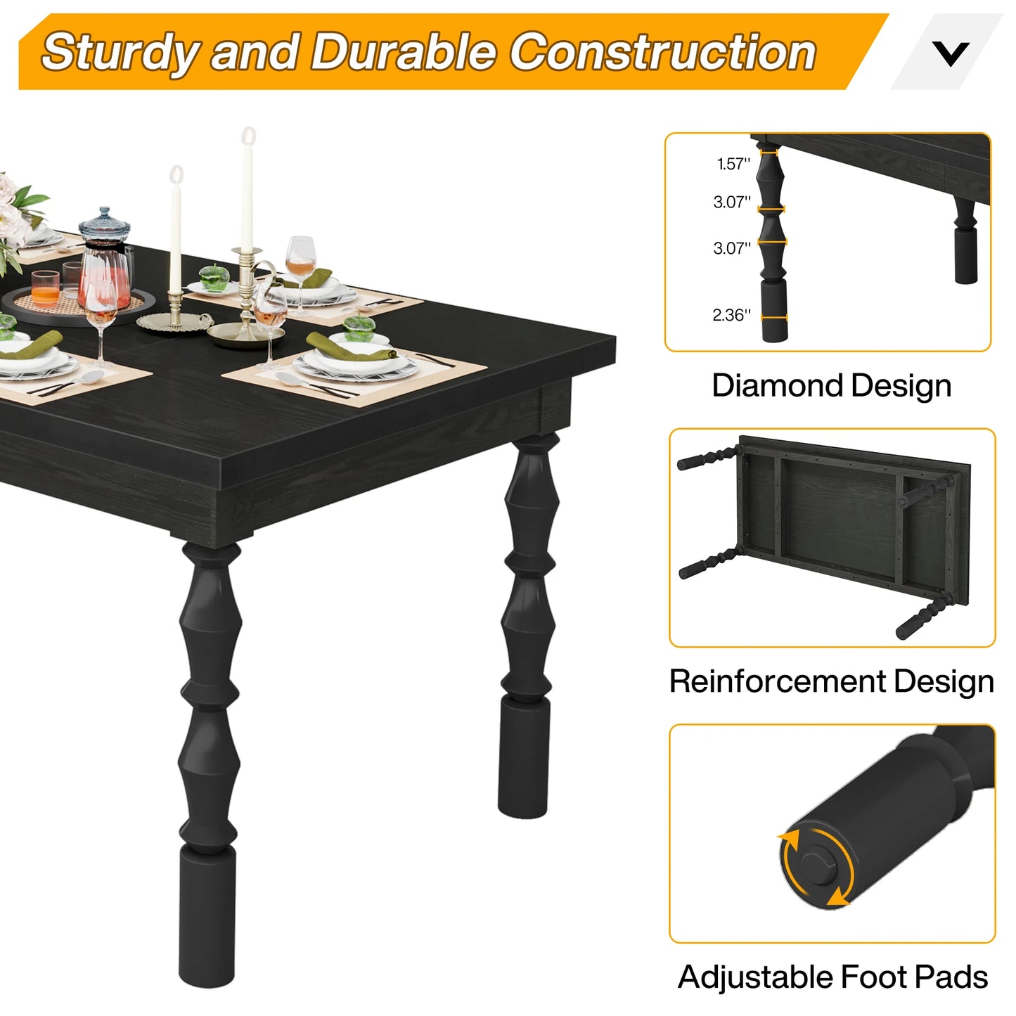62” Wood Patio Table for 4-6 People, Farmhouse Large Indoor