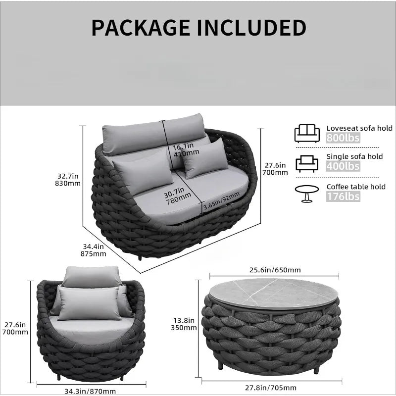Woven Rope Patio Chair Set Aluminum Outdoor Furniture 2 Piece