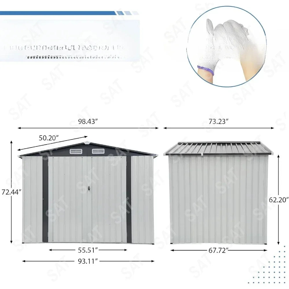 Outdoor Storage Shed with Double Door and Lock, Tall 8x6 FT, Galvanized Steel Metal Garden Shed, Outdoor Storage Room
