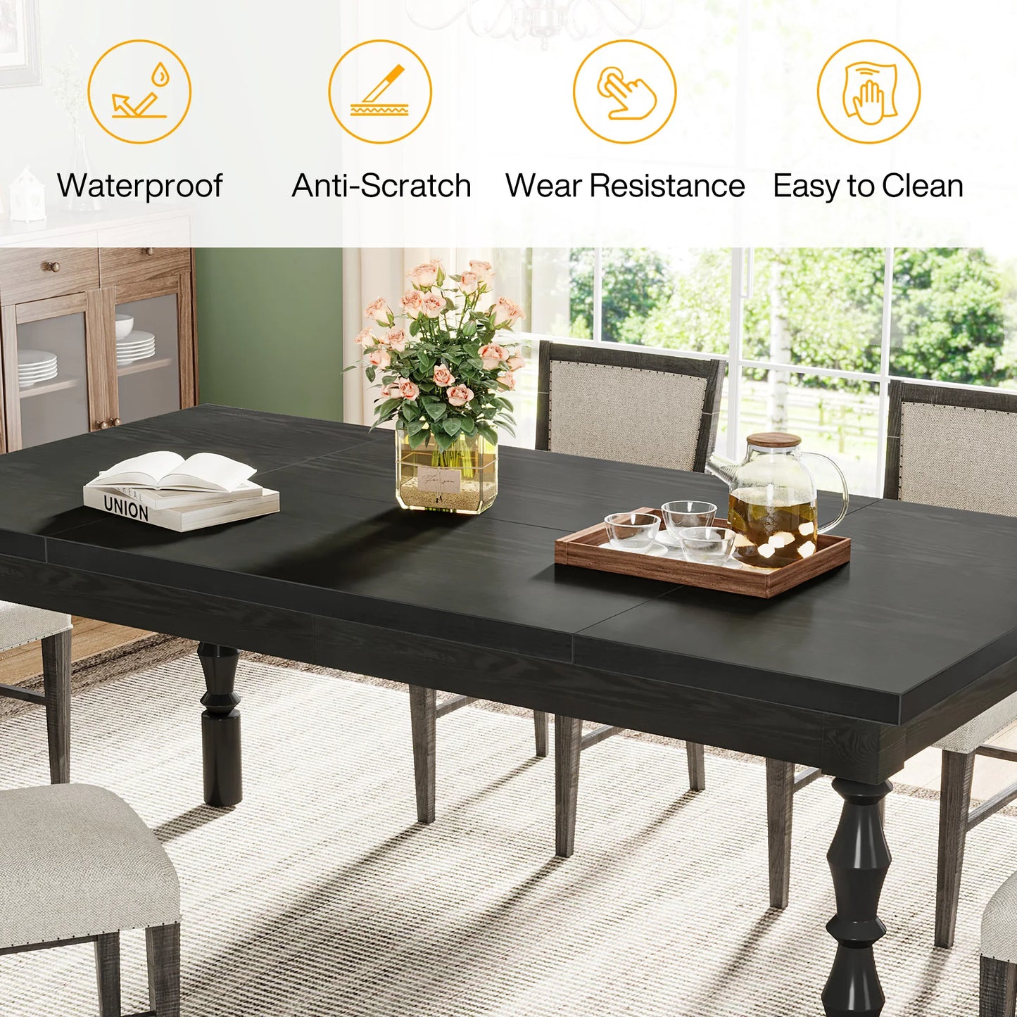 62” Wood Patio Table for 4-6 People, Farmhouse Large Indoor