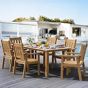 HIPS Patio Set Table : 7 Piece Outdoor Table and Chairs Dining Furniture Set with Umbrella Hole - Black Modern Plastic Dining Se