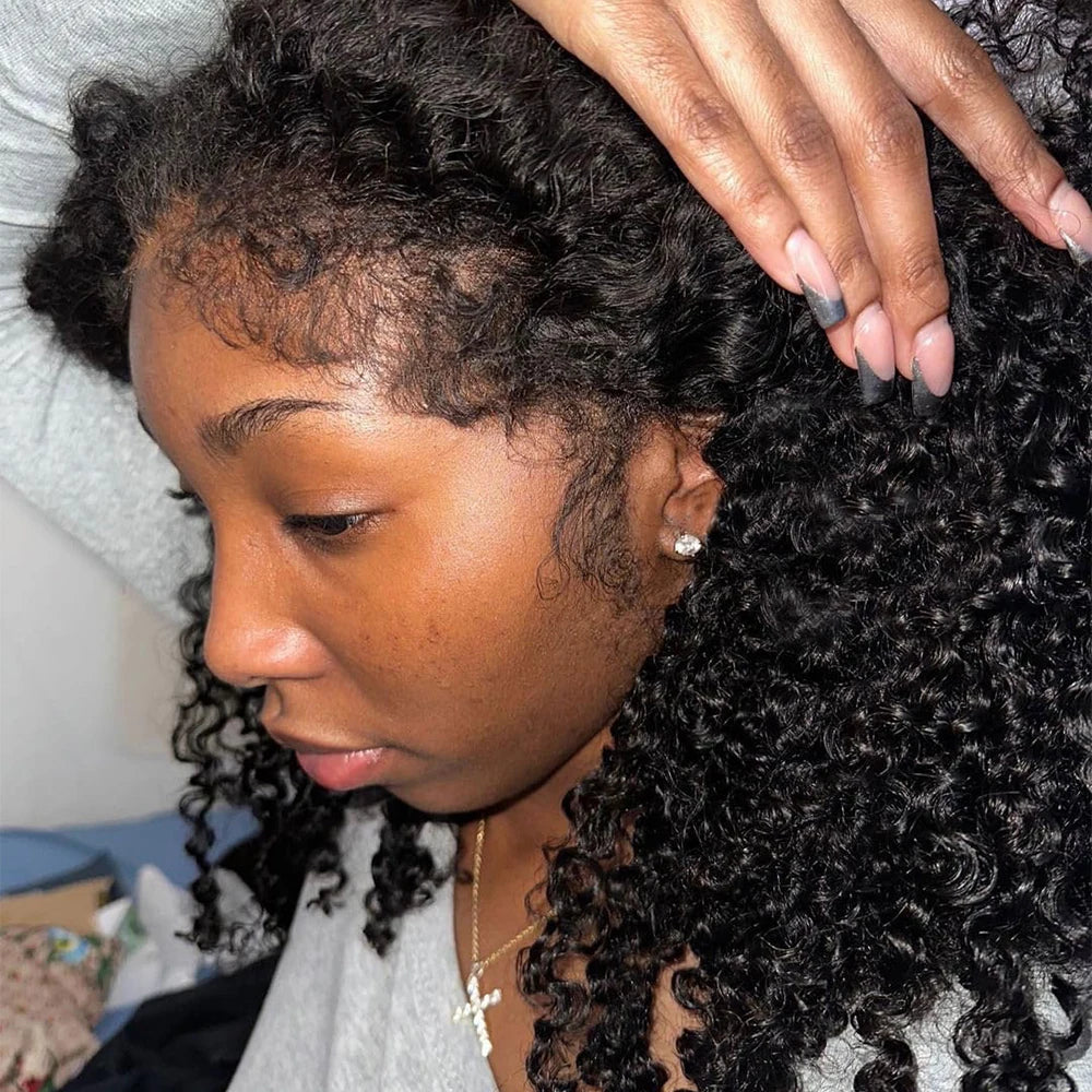 Short Bob Kinky Curly Human Hair Frontal Wig 4C Edges  Closure