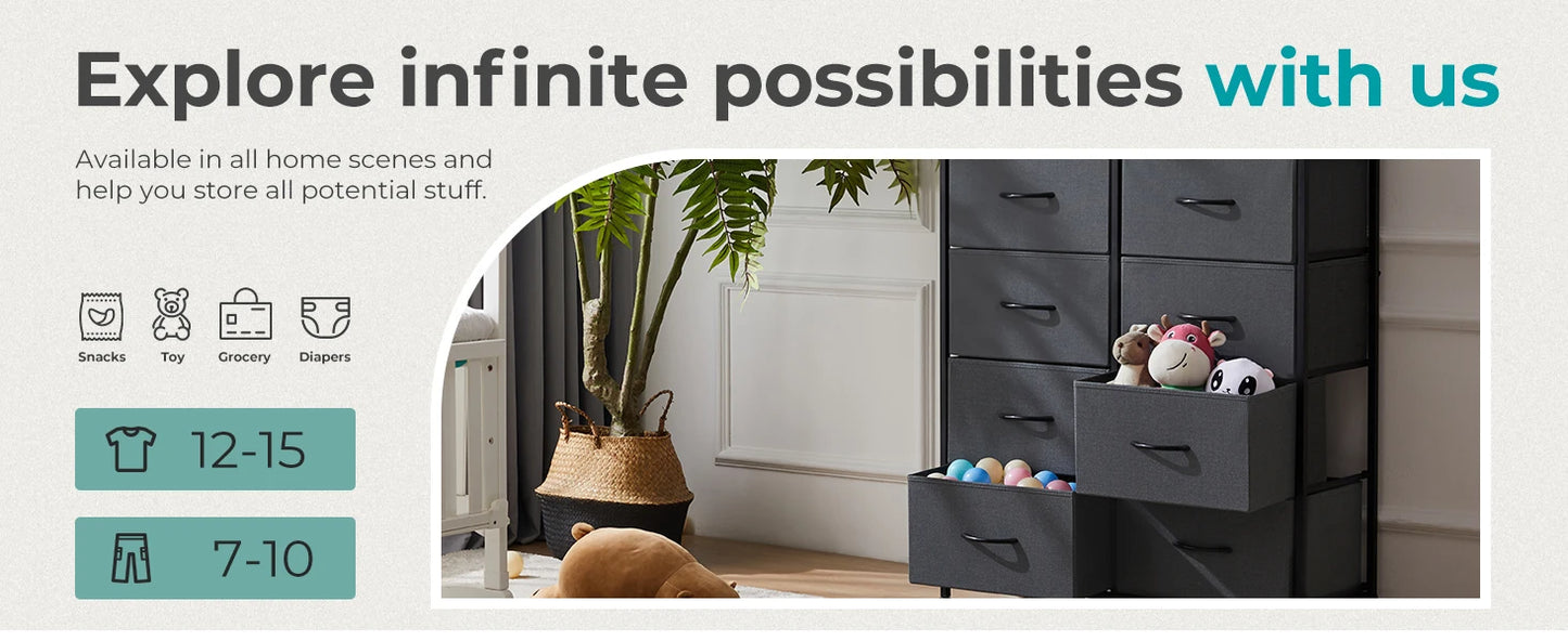 Bedside Table For Bedroom With 10 Fabric Drawers Nightstand Storage