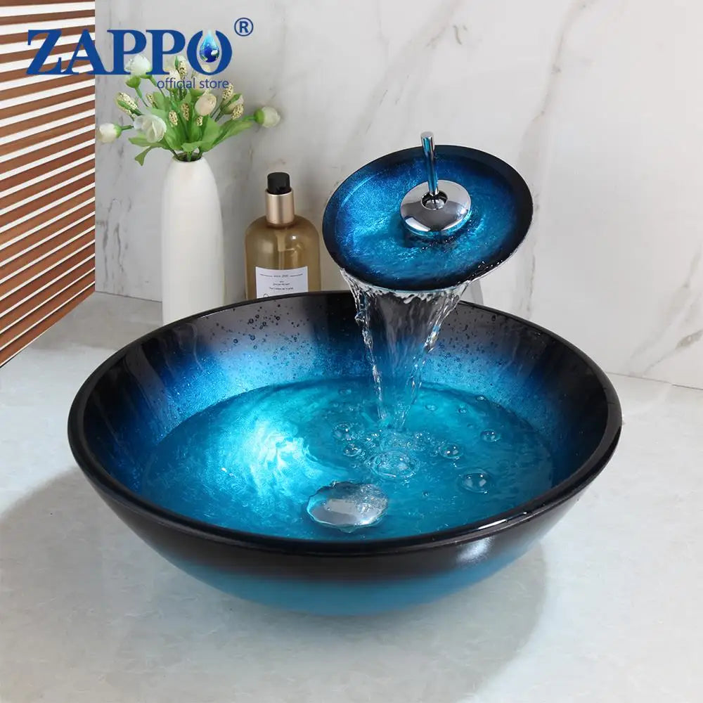Tempered Glass Bathroom Vessel Sink with Waterfall Black Faucet
