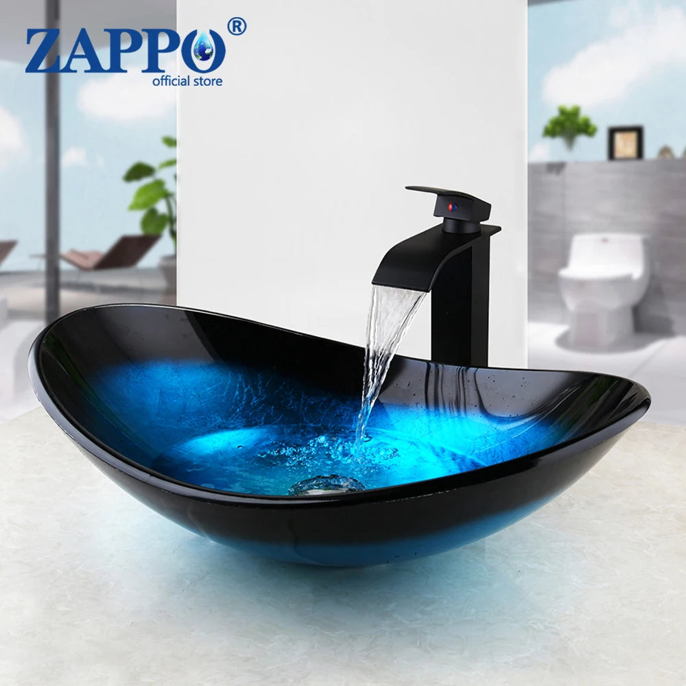 Tempered Glass Bathroom Vessel Sink with Waterfall Black Faucet