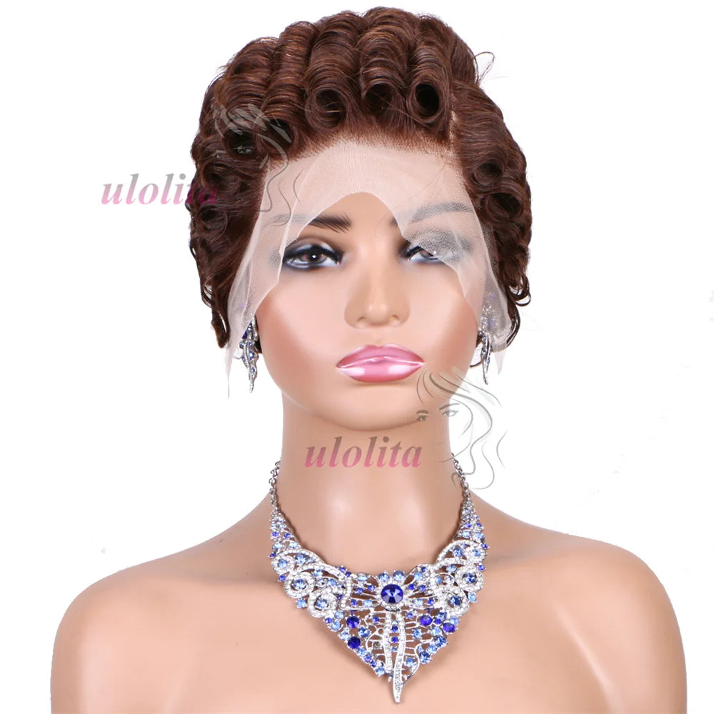 613 Blonde Pixie Cut Short Bob Loose Wave 100% Human Hair Wig Chocolate Brown