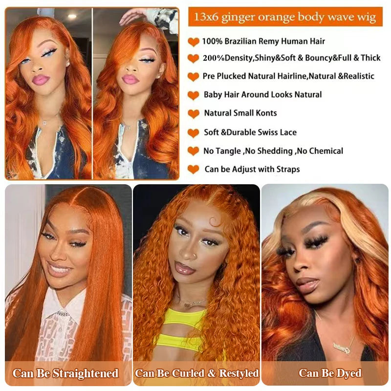 Ginger Orange Body Wave 13x6 Transparent Lace Front Wig Human Hair