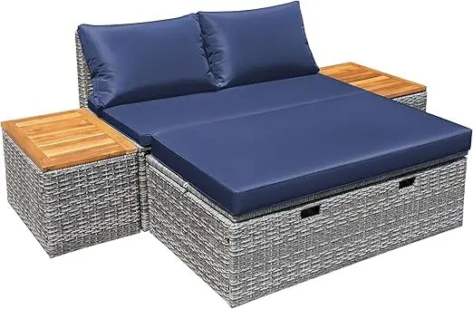 Patio Day Bed Outdoor Daybed Set Multifunctional Rattan Lounge Bed with 2 Side Tables