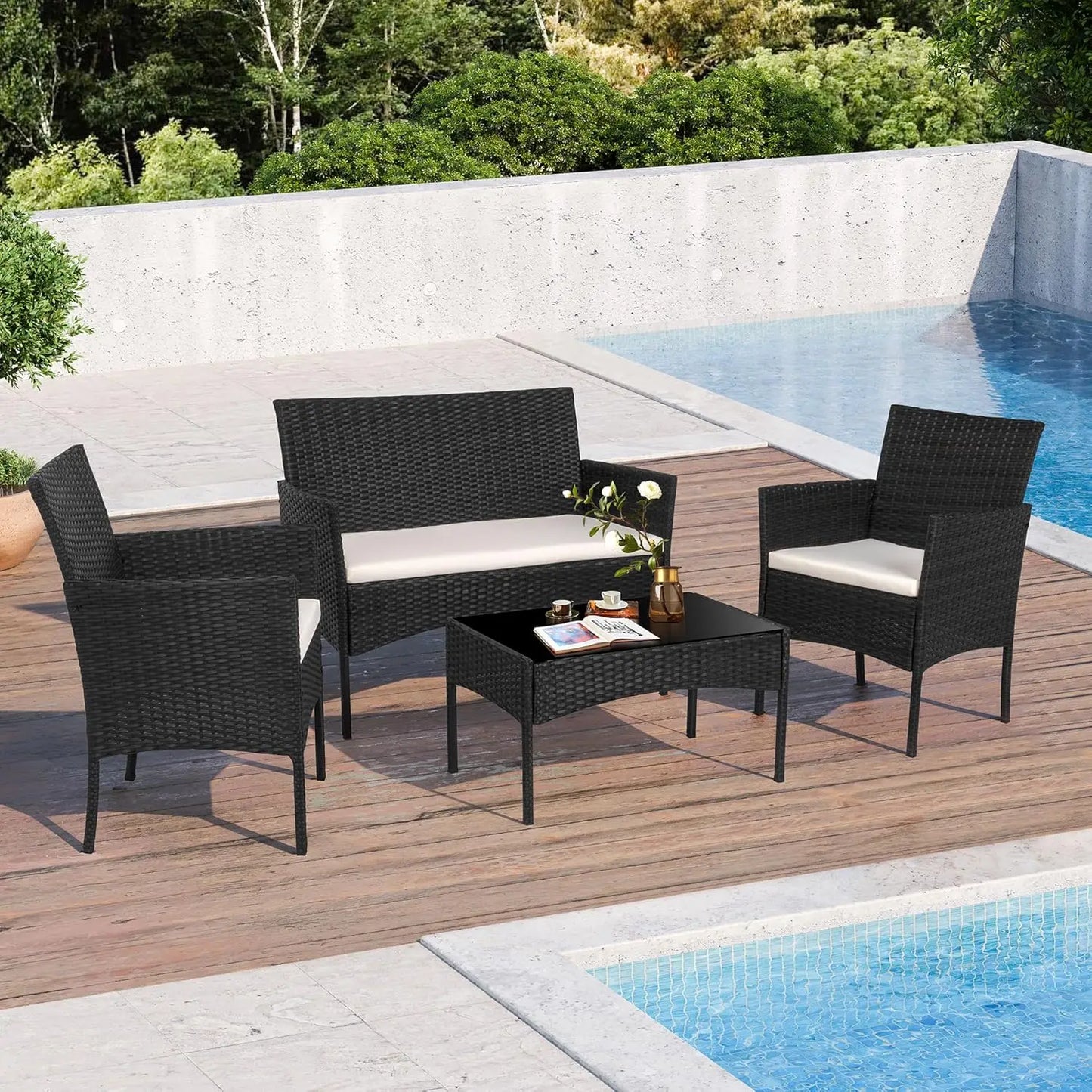 4 Piece Outdoor Patio Furniture Sets, Small Wicker Patio Conversation Furniture Rattan Chair Set